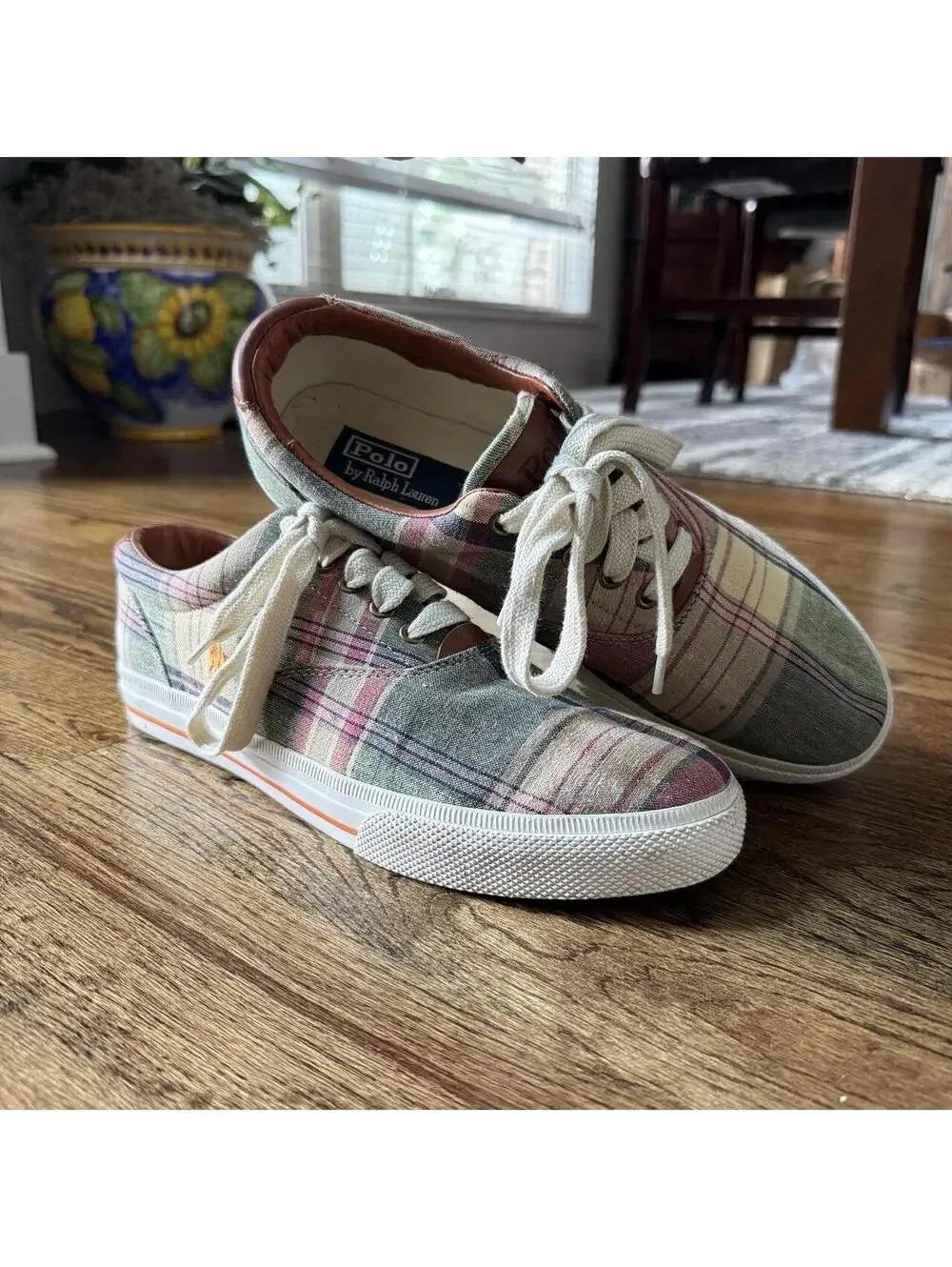 👟 Polo Ralph Lauren Vaughn Madras Plaid Canvas Sneakers Size 10D
